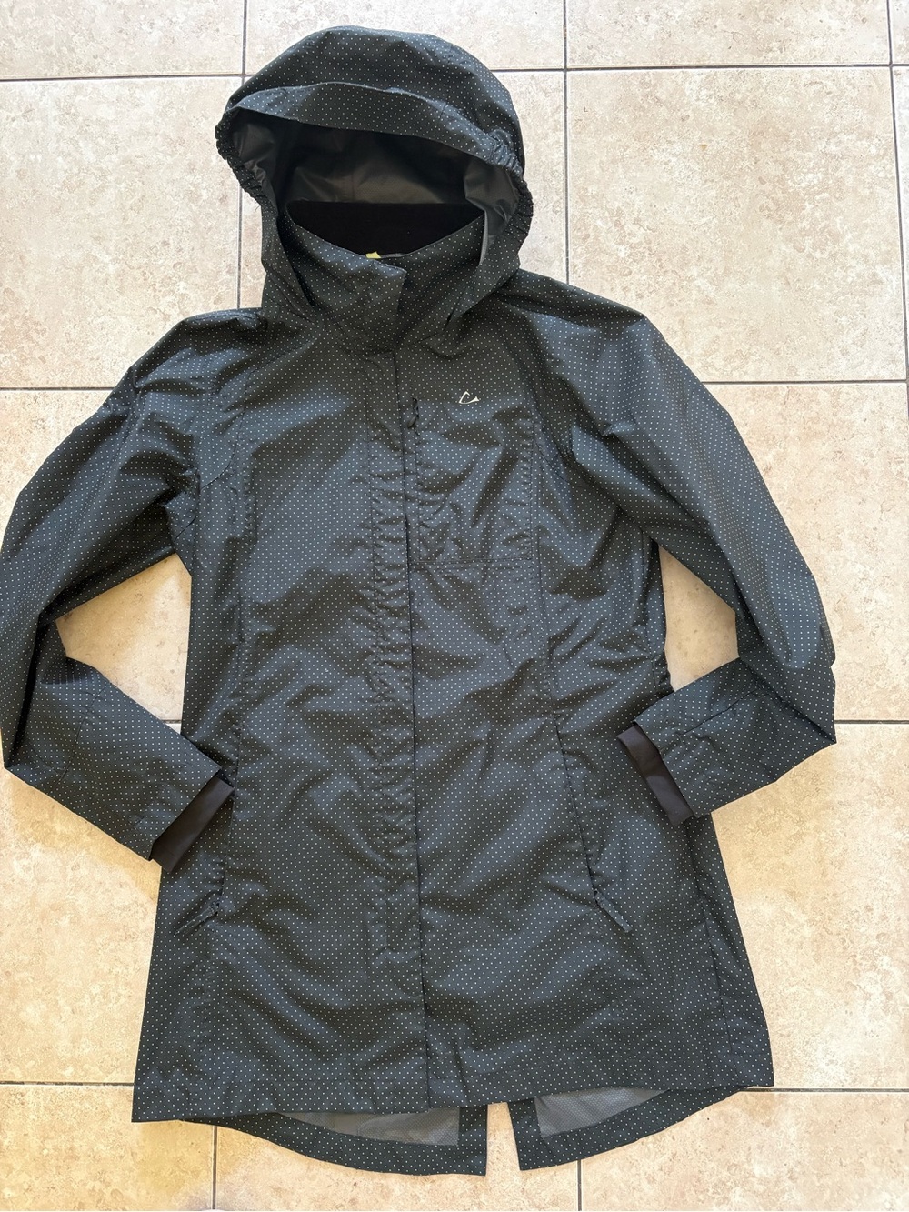 Paradox Black Hooded Trench Coat with Micro Dot Print